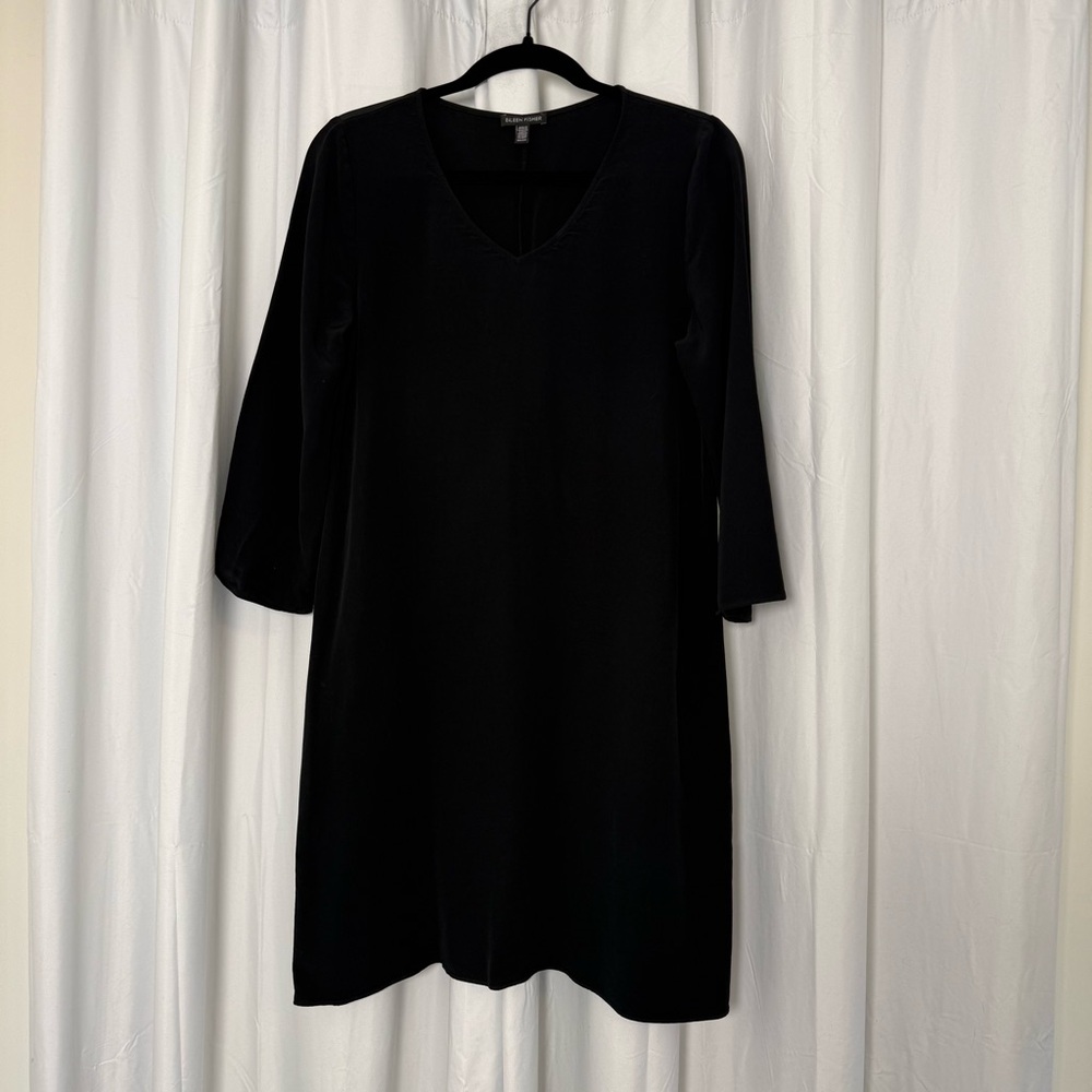 Eileen Fisher Black Tencel Relaxed Fit Midi Shift Dress Minimalist Womens XS - Picture 4 of 11
